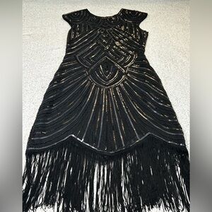 Babeyond 1920s Black Beaded Sequins Cap Sleeve Dress w Fringe Size M